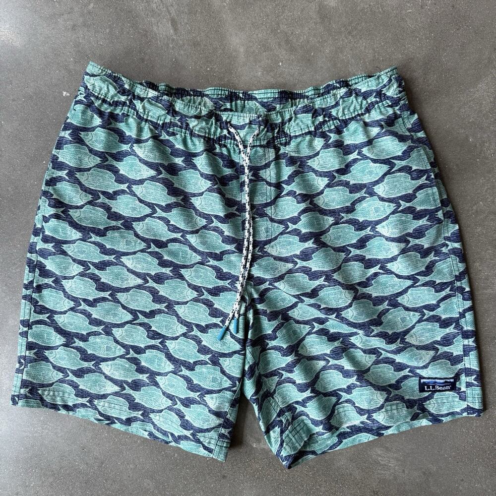 LL Bean Vacationland‎ Swim Trunks Men’s Large Regular Green Blue Fish Print 7”